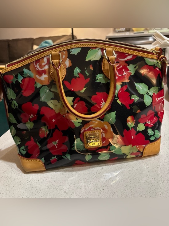 Dooney & Bourke Handbags - Dooney & Bourke Black Floral Satchel with Tan Trim